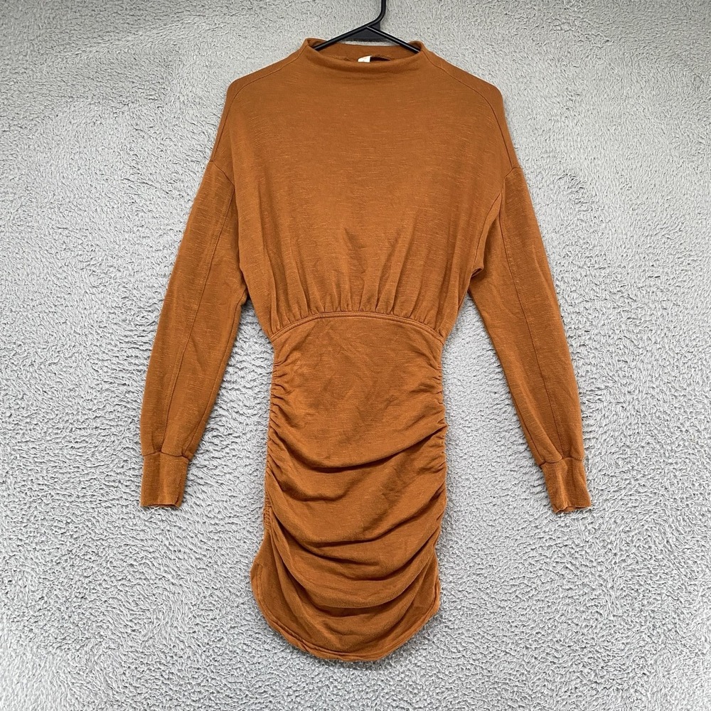 Daily Practice Dress Womens XXS Orange Ruched Bodycon Mock Neck Open Back